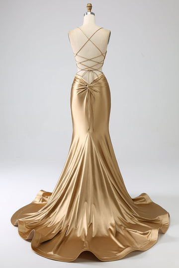 Golden Mermaid Spaghetti stropper Satin Long Prom Kjole med snøre-up Back